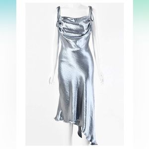 Silver asymmetrical cowl neck midi slip dress size medium